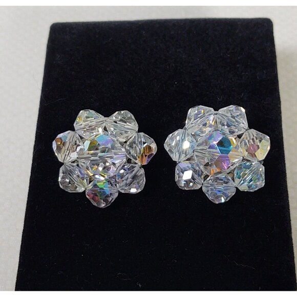 Aurora Borealis Crystal Cluster Clip On Earrings Vintage Mid 1900's - Picture 1 of 9